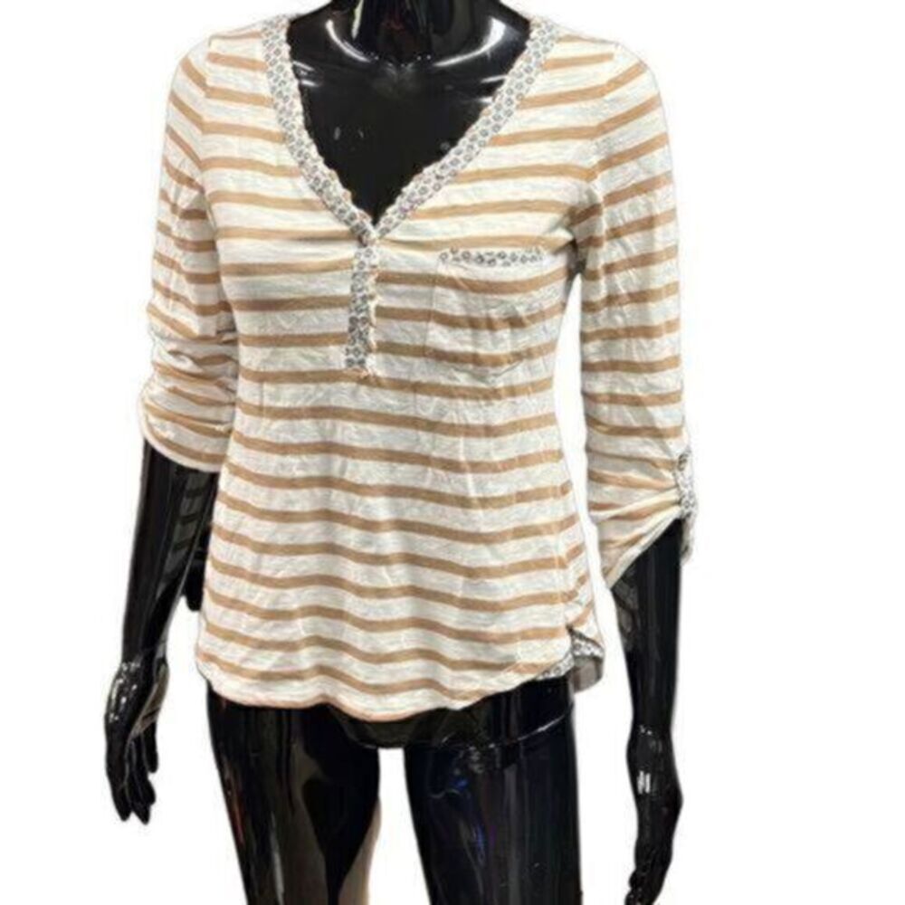 Anthropologie Postage Stamp Tan & Cream Striped shirt size small